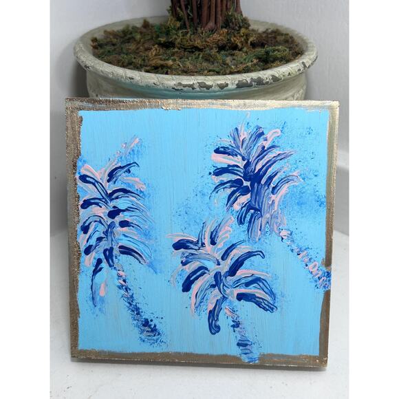 Lilly Inspired Palm Tree Art Decor Pink Green Hand Painted Wall Art 5x5 Wood - Picture 1 of 9